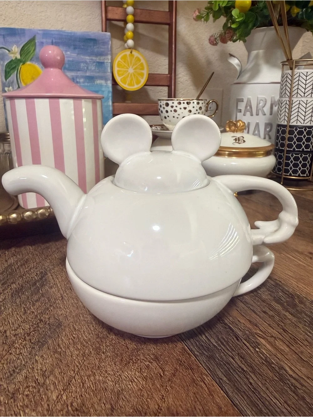 Disneyland Mickey Mouse Tea|Stacking Teapot Cup Set White Ceramic Thailand